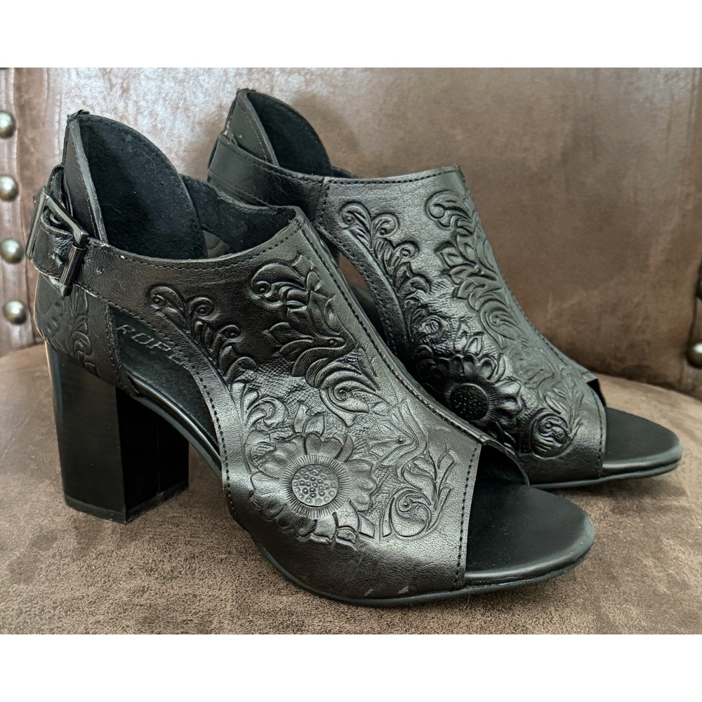 ROPER Mika Sandals in Black Floral Embossed Toolded Leather Peep Toe US Sz 6.5